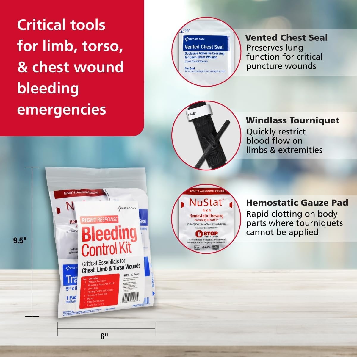 image:imageFirst Aid Only 91134 Critical Essentials Bleeding Control Kit for Limb amp Torso Wounds 8 PiecesChest Limb Torso Wounds