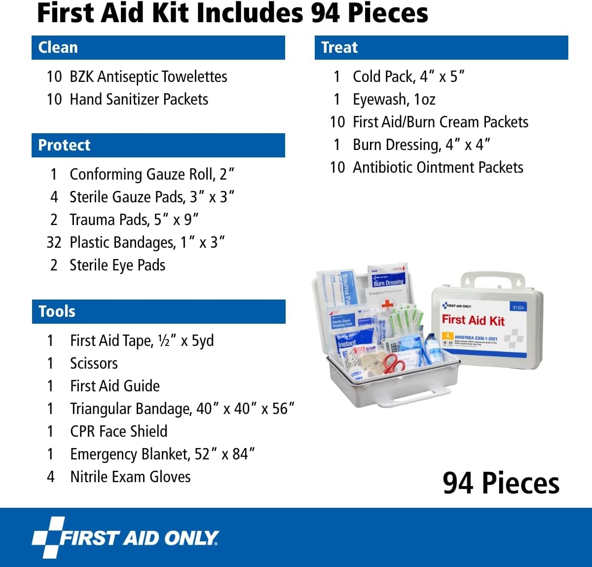 image:imageFirst Aid Only 91324 ANSI A 2021 and OSHA Compliant First Aid Kit 25Person Emergency First Aid Kit for Business Home Car and Worksites 94 Pieces