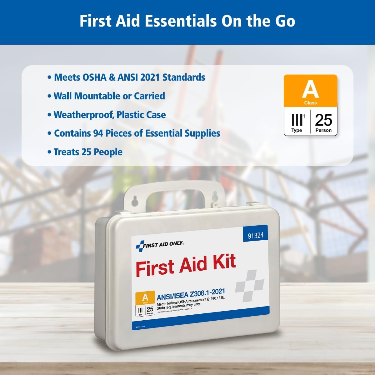 image:imageFirst Aid Only 91324 ANSI A 2021 and OSHA Compliant First Aid Kit 25Person Emergency First Aid Kit for Business Home Car and Worksites 94 Pieces