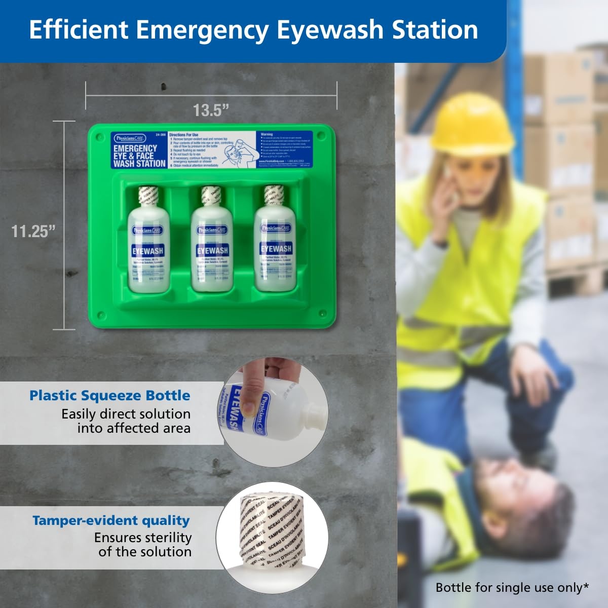 image:imagePhysiciansCare WallMountable Eyewash Station with 3 ScrewCap Bottles of Eye Wash Solution 8 oz EachEyewash Station Triple Bottle