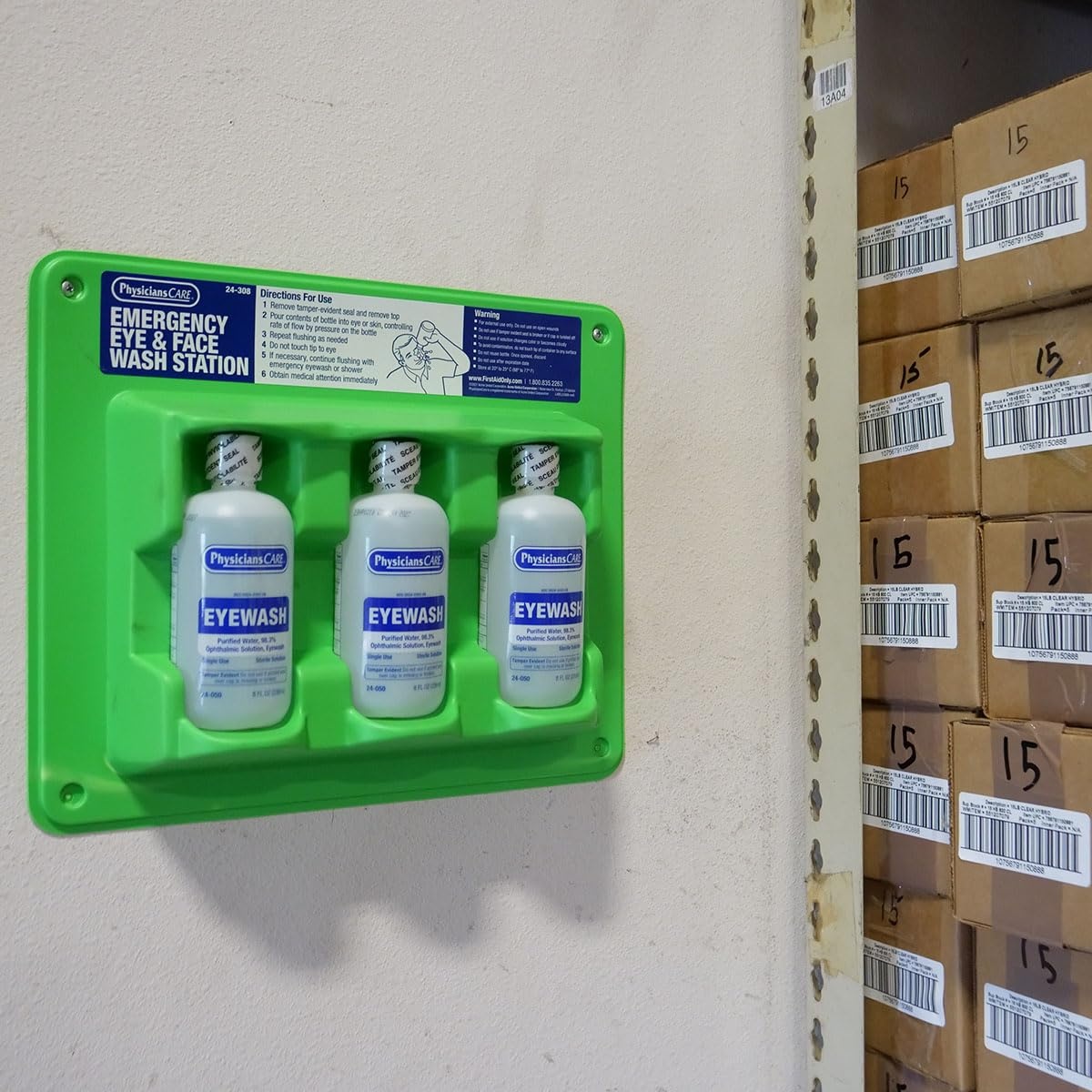 image:imagePhysiciansCare WallMountable Eyewash Station with 3 ScrewCap Bottles of Eye Wash Solution 8 oz EachEyewash Station Triple Bottle