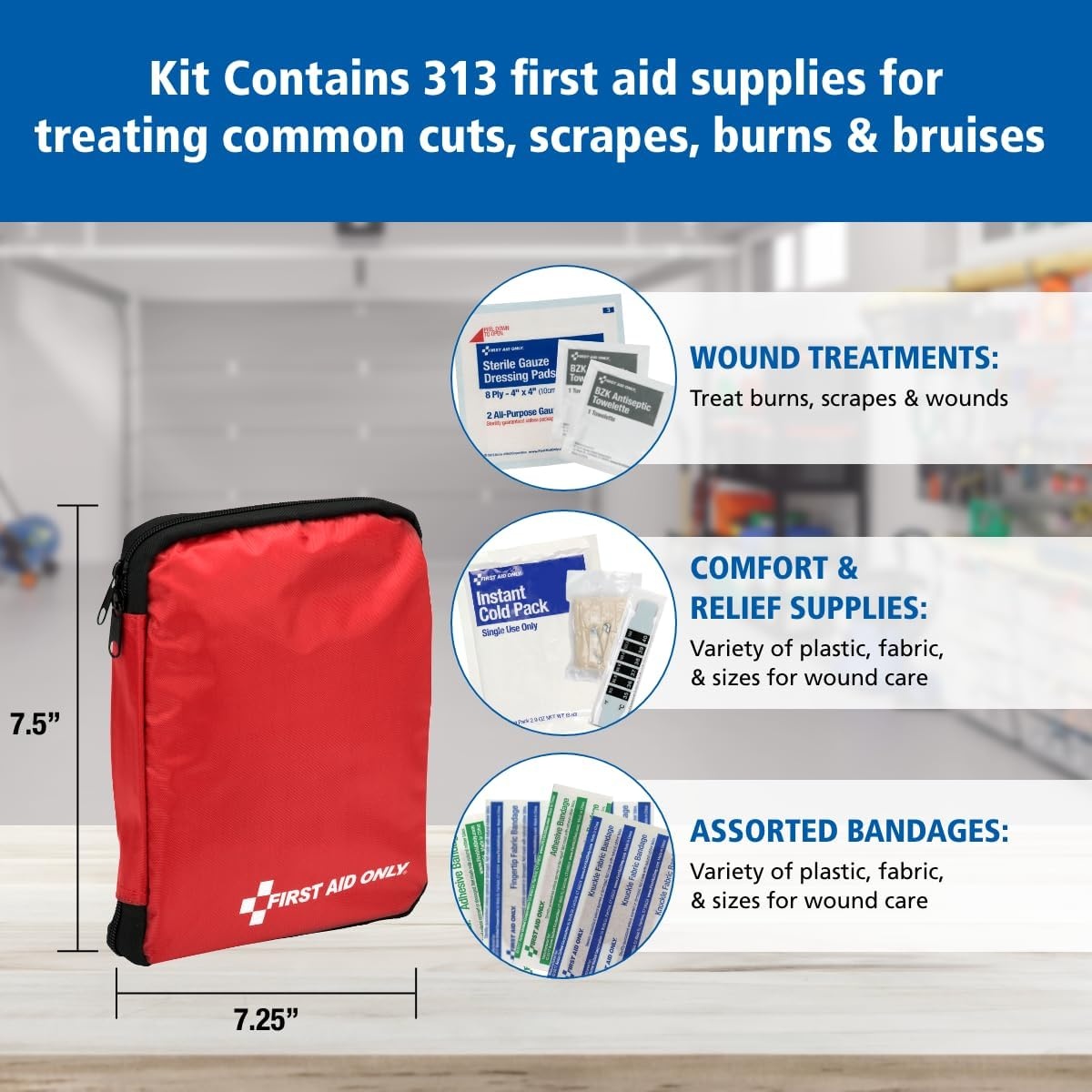 image:imageFirst Aid Only 298 Piece AllPurpose Emergency First Aid Kit for Home Office Car Apartment Dorm and Camping TravelFriendly Compact Pouch Fits in Backpacks Suitcases Cabinets and Drawers313 Piece