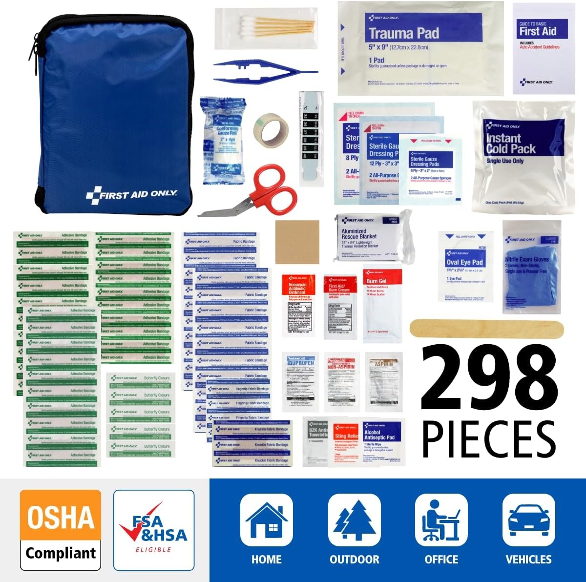 image:imageFirst Aid Only 298 Piece AllPurpose Emergency First Aid Kit for Home Office Car Apartment Dorm and Camping TravelFriendly Compact Pouch Fits in Backpacks Suitcases Cabinets and Drawers298 Pieces