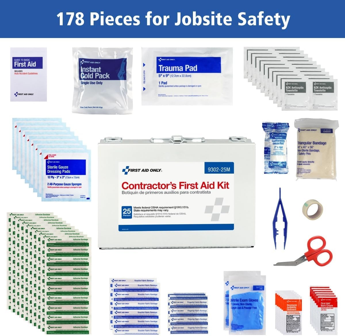 image:imageFirst Aid Only 930225M 25Person Contractors First Aid Kit for Home Renovation Job Sites and Construction Vehicles 178 Pieces WhiteKit Pack of 12