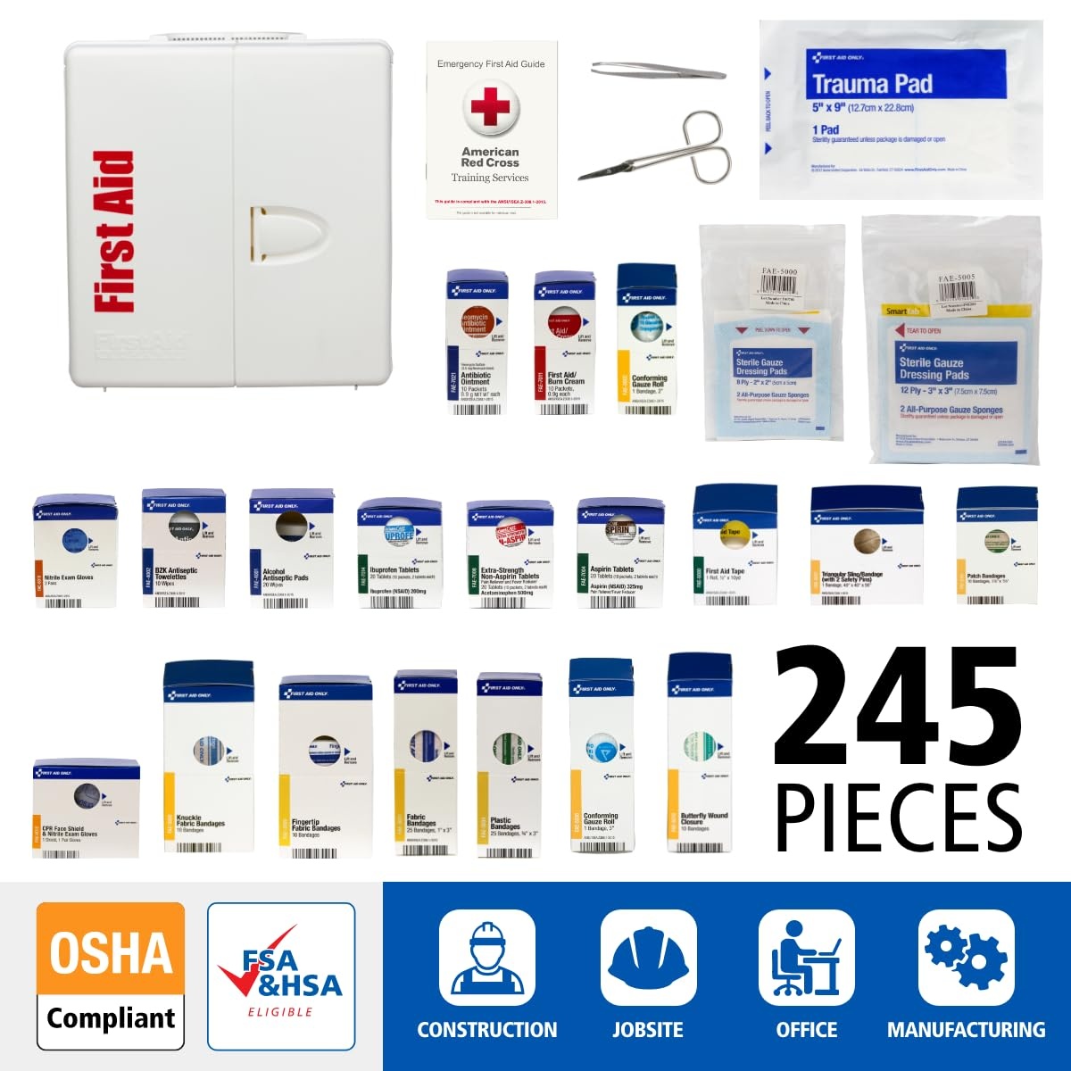 image:imageFirst Aid Only SmartCompliance 50Person OSHA Compliant First Aid Kit for Business and Office Spaces Large Plastic Cabinet Emergency Supplies for Cuts Bruises and Scrapes 245 Pieces