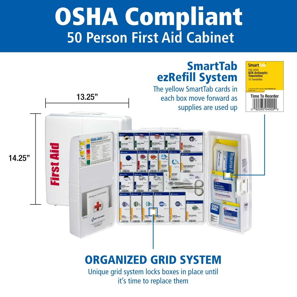 image:imageFirst Aid Only SmartCompliance 50Person OSHA Compliant First Aid Kit for Business and Office Spaces Large Plastic Cabinet Emergency Supplies for Cuts Bruises and Scrapes 245 Pieces